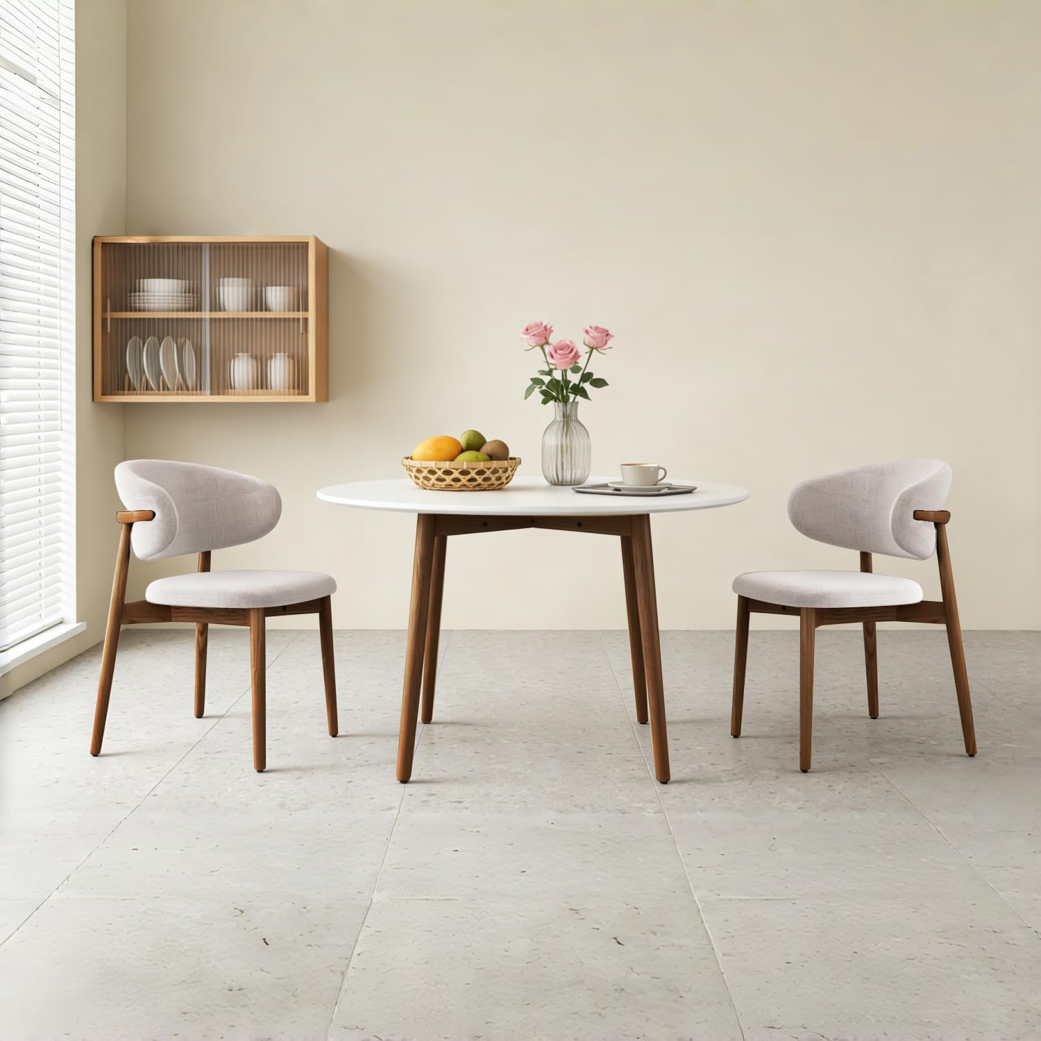 ZimNo Modern Wooden Dining Chairs Set of 2,Solid Wood Chair, Beige Fabric Upholstered Backrest for Farmhouse Kitchen Cafe Living Room Furniture with Foot Pegs (Walnut)