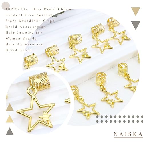Miniatura 5 de NAISKA 10 clips de trenza de estrella dorada, accesorios para rastas, cuentas trenzadas de cinco puntas, pinzas para el cabello, accesorios de