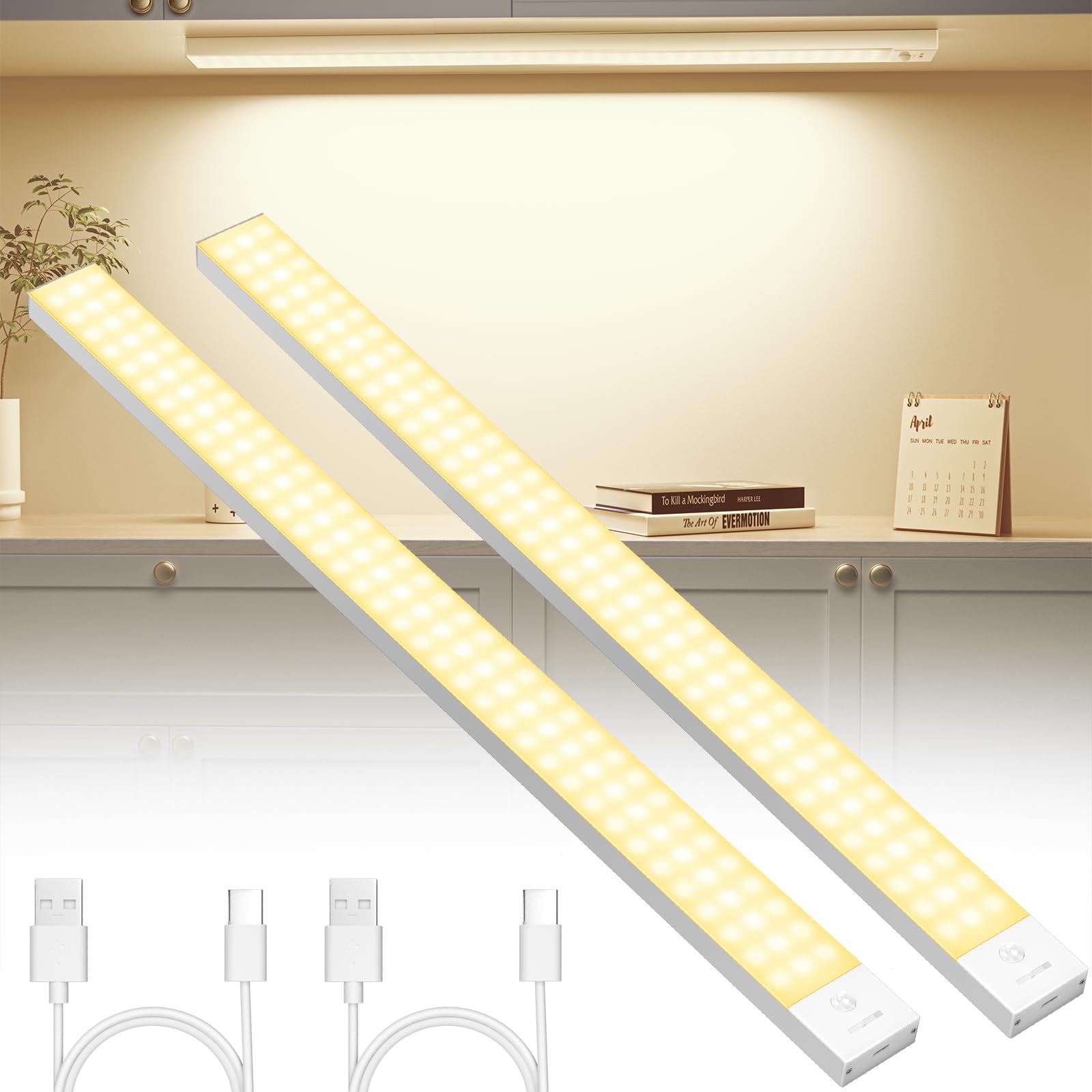 OUILA Lot de 2 lampes LED pour meuble de cuisine, 60 cm, batterie 5000 mAh, rechargeables par USB, magnétique, sans fil, avec détecteur de mouvement, pour chambre à coucher, atelier, blanc chaud