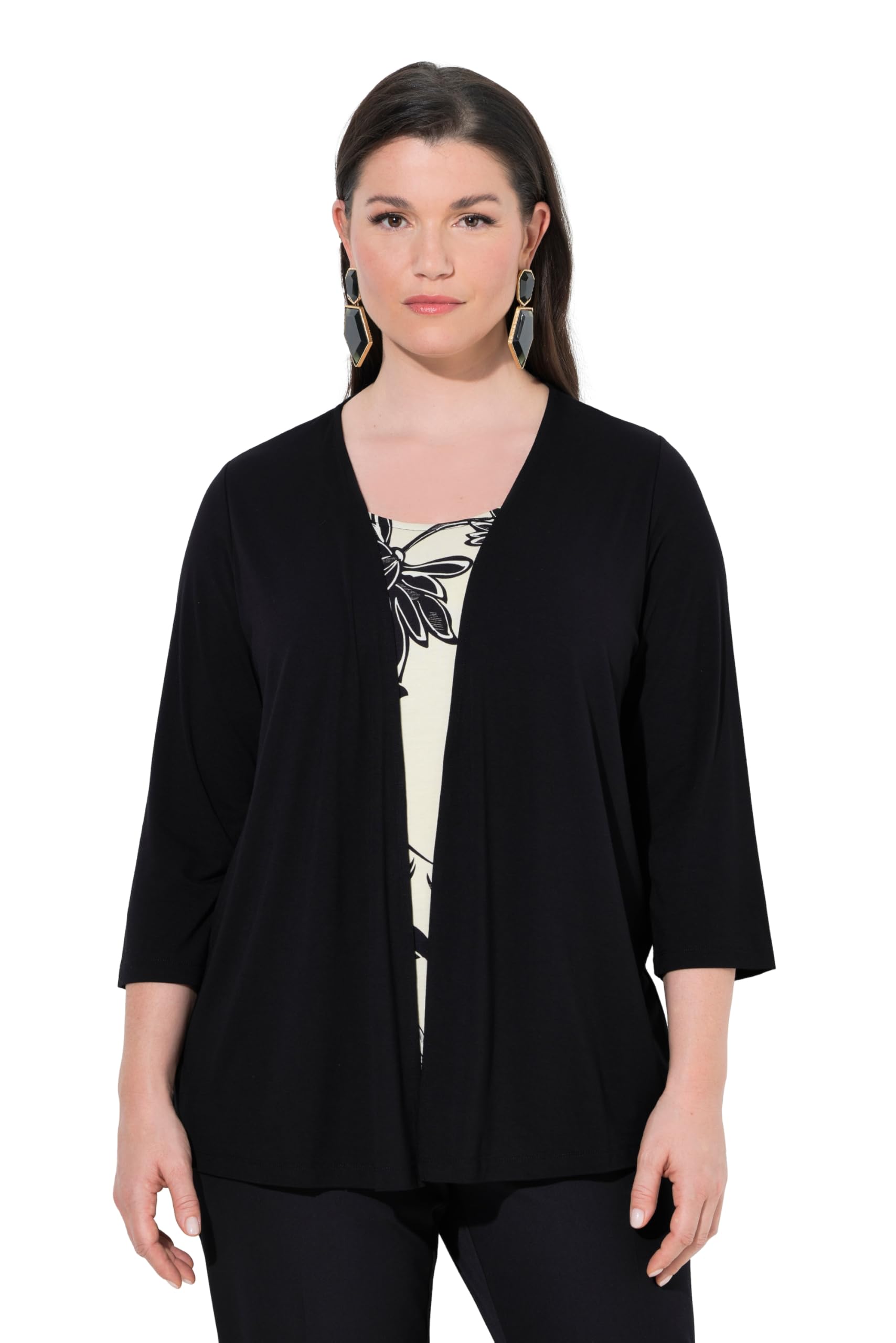 Ulla Popken Damen große Größen Übergrößen Plus Size 2-in-1-Shirt, Blüten, Classic, Rundhals, 3/4-Arm 846538