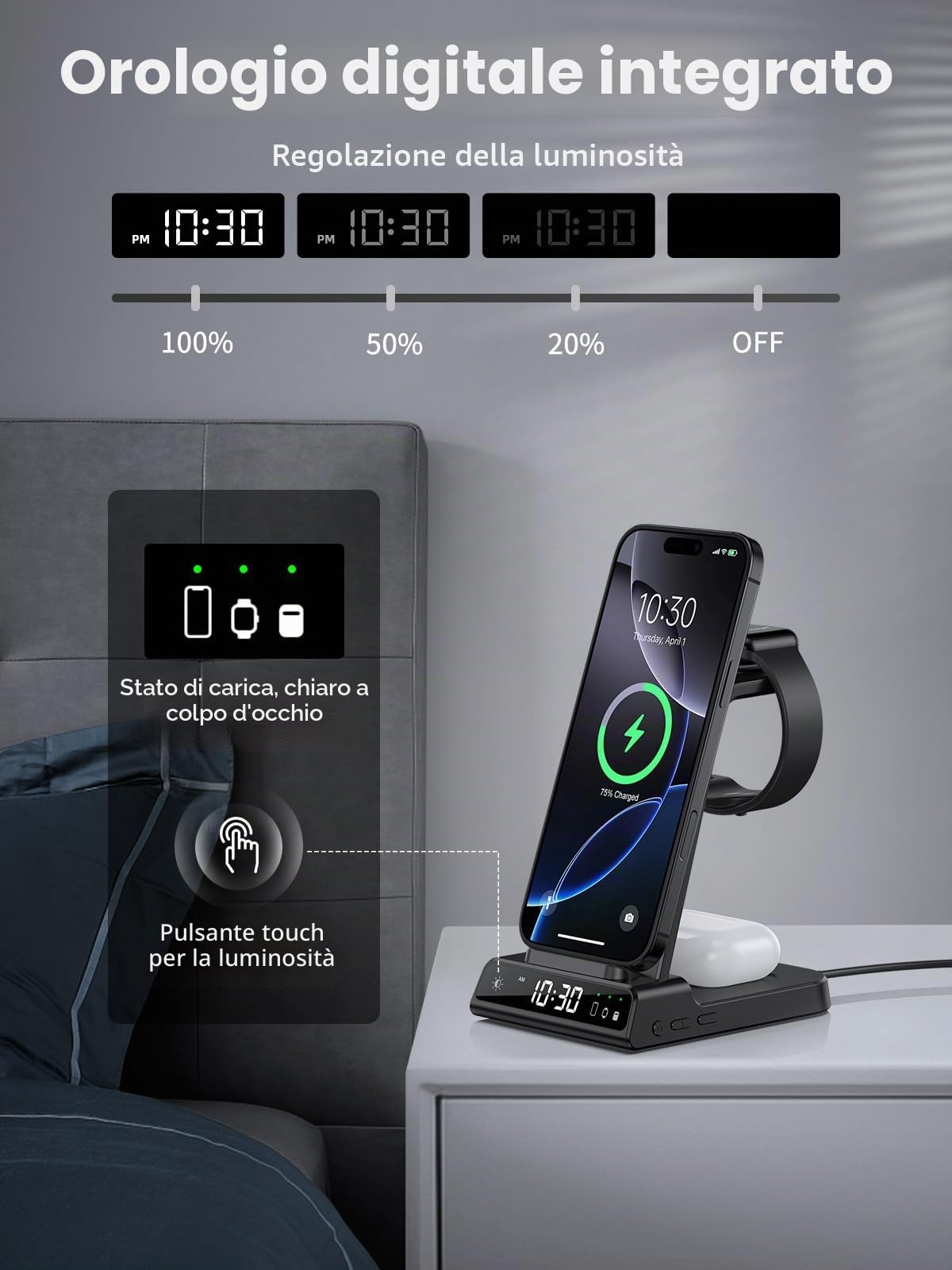 Caricabatterie Wireless per Apple, 3 in 1 Stazione di Ricarica Wireless con Orologio per iPhone 16/15/14, per Caricabatterie per Apple Watch 10/9/8/7/6/SE, Charging Station con Air Pods 4/Pro