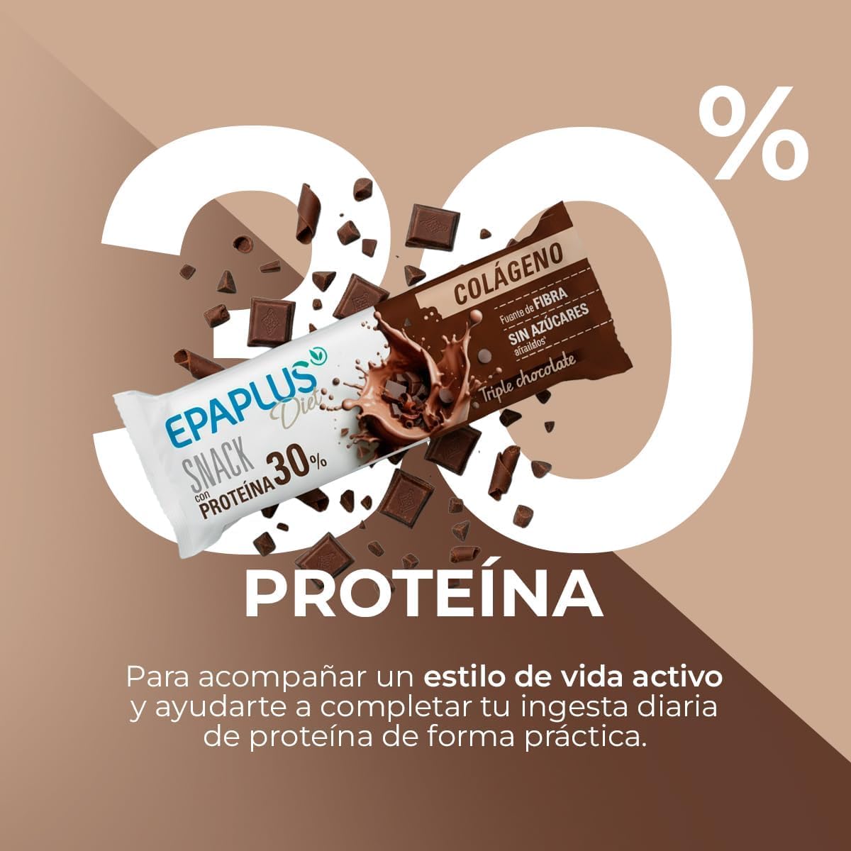 EPAPLUS Diet | Barritas Proteína con Colágeno | 30% Proteínas y 6g Colágeno por Barrita 50g | Sin Azúcares Añadidos | Fuente de Fibra | Triple chocolate | Pack 12 Unidades