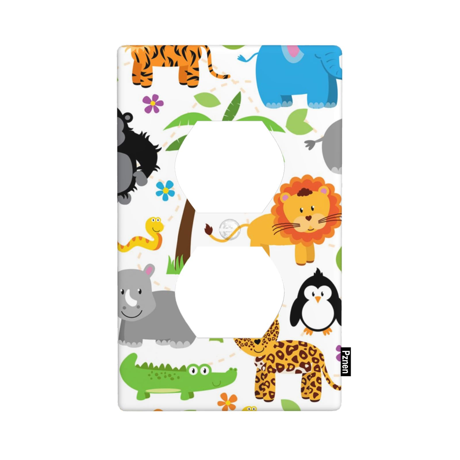 Pznen Cartoon Jungle Safari Animals Outlet Covers Colorful Elephant Giraffe Lion Woodland Wildlife Duplex Receptacle Wall Plate Standard 1-Gang 4.5" X