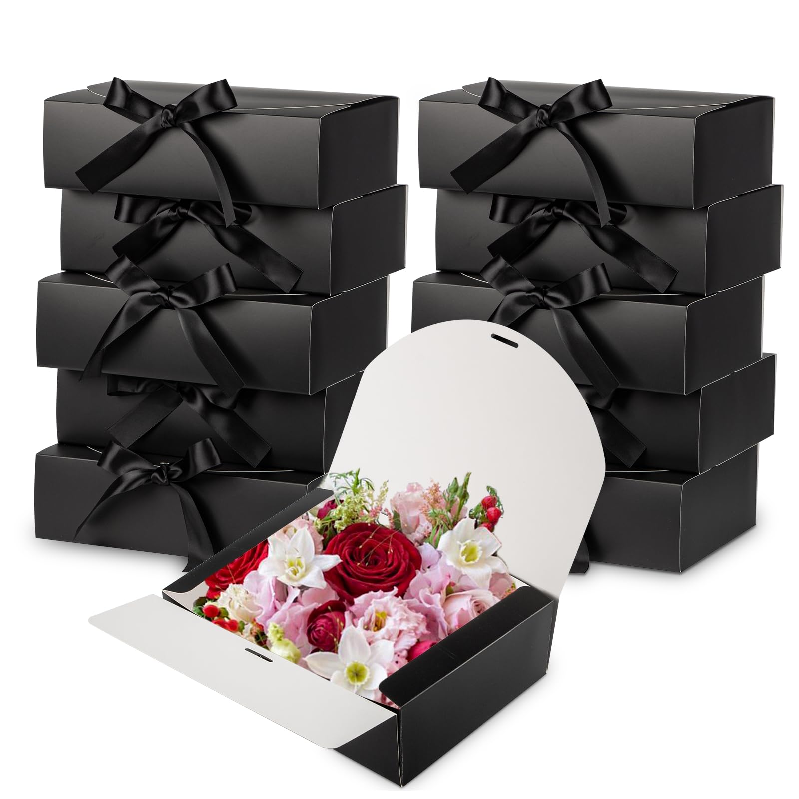Briful10 PCS Foldable Gift Boxes with Lids,10.6 × 7.9 × 3.3 Inches Black Kraft Paper Gift Boxes, Birthday Favor Boxes with Black Ribbon, Bridesmaid Proposal Box for Wedding Packaging Present