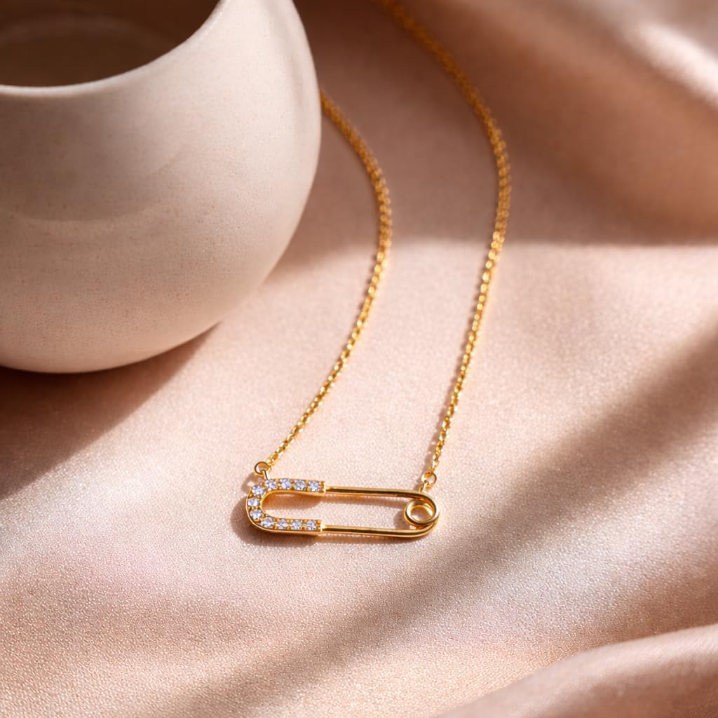 S925 Sterling Silver Safety Pin Pendant Necklace for Women 14K Gold Plated Dainty Necklaces Cubic Zirconia Minimalist Jewelry Trendy Gift for Her