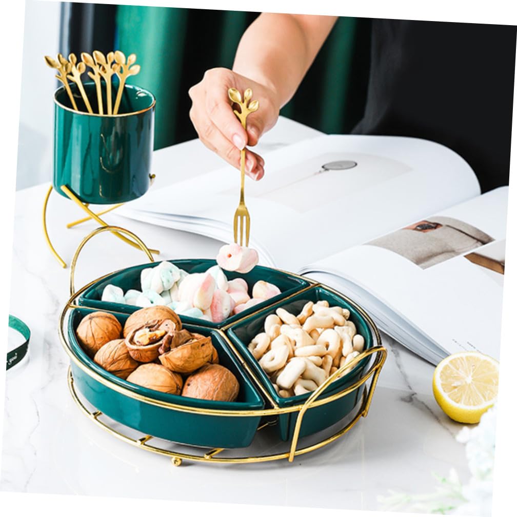 DOITOOL Plateau à Trois Compartiments en Céramique et Fer, Vert | Grand Format, avec Rack, Design Simple et Généreux, pour Rassemblements et Mariages