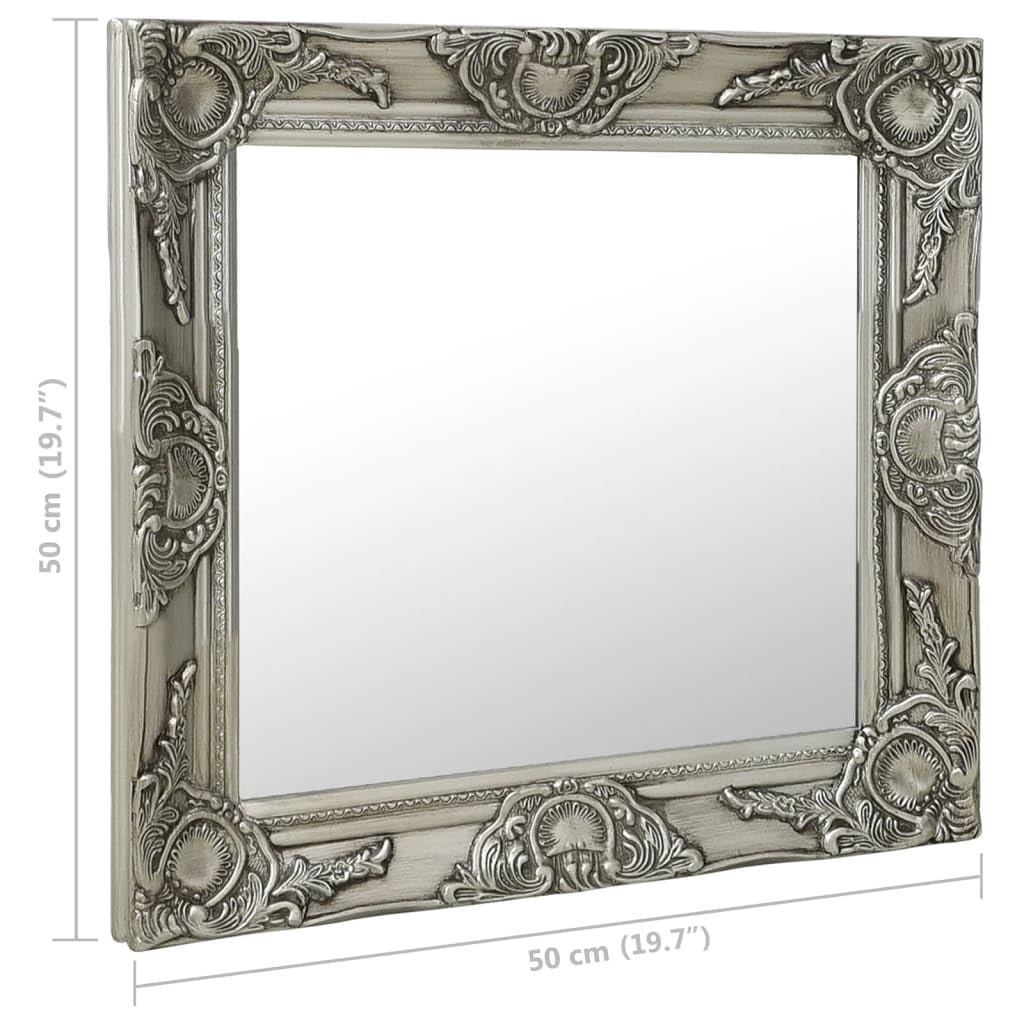 Specchio da parete in stile barocco, cornice in legno argentato, 50 x 50 cm, quadrato, con ganci di fissaggio, moderno specchio decorativo, specchio da trucco ad alta definizione, per