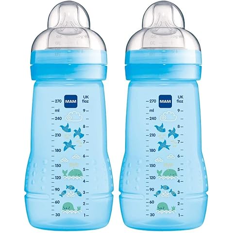 MAM Easy Active Baby Bottle with Medium Flow MAM Teats Size 2, Twin Pack of Baby Bottles, Baby Feeding, 270 ml, Blue (Designs May Vary) Cover