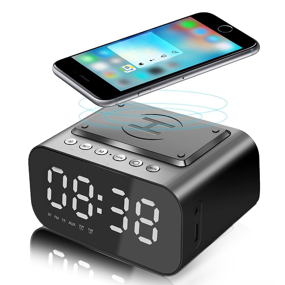 IHAO 7in1 Multifunctional Digital Alarm Clock with 15W Fast Wireless Charger Bluetooth Speaker LED Display Clock FM Radio TF Card, AUX Input, USB Port Dual Alarm for Bedroom and Office-BT510 Black