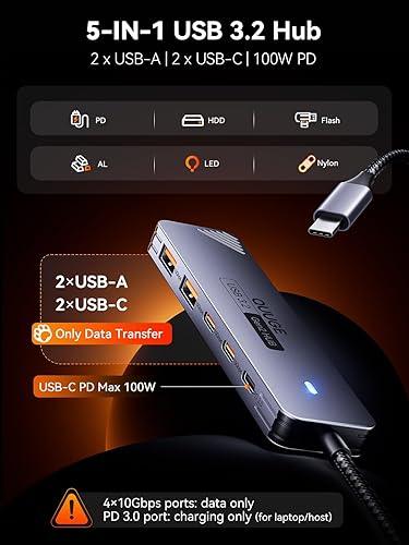Miniatura 2 de Hub USB C de 10 Gbps, QUUGE 5 en 1 divisor USB con 2 USB-A y 2 USB-C 3.2 y PD 100W, adaptador multipuerto de aluminio de transferencia rápida tipo C