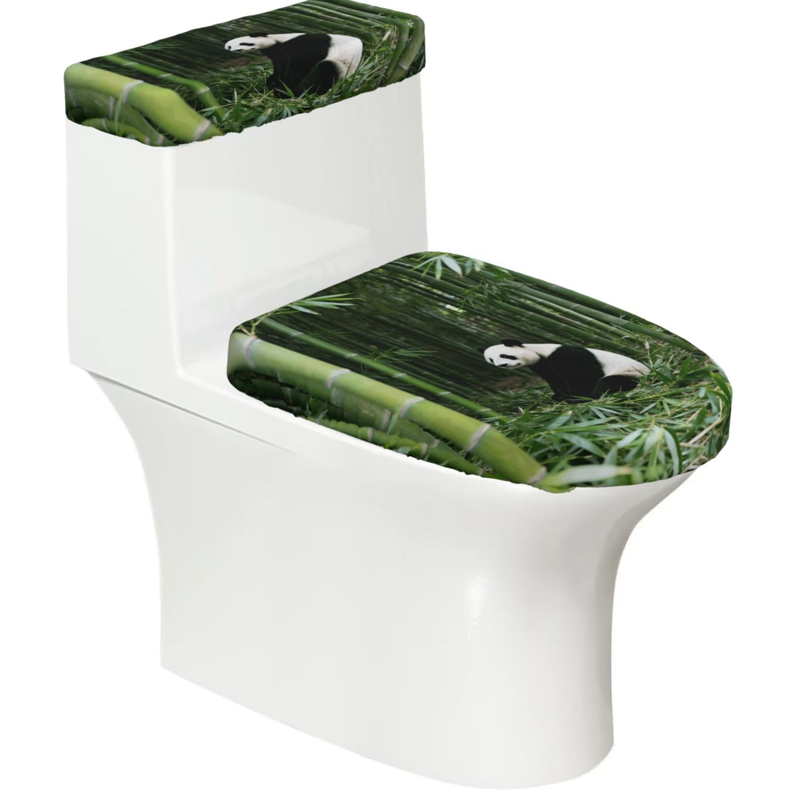 Panda Bamboo Forest Elastic Toilet Cover Set of 2-Stretchy Lid and Tank Covers for Bathroom, Soft Washable U Shape Toilet Decor