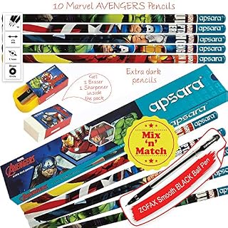 Apsara Marvel Avengers Pencils Pack Novelty Home Gift School Nursery (10 x Pencils + Eraser + Sharpener + 2 x ZOFAX Ball BLACK Pens)