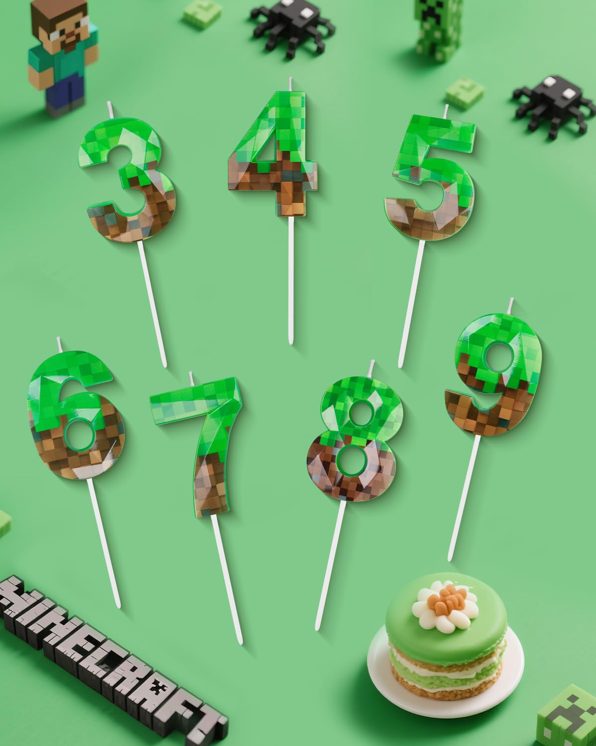 Bougie d'anniversaire en forme de pixel vert en forme de chiffre 7 - 6,8 cm - Bougie sur le thème du jeu - Décoration d'anniversaire sur le thème des pixels, fête de jeu vidéo dynamite