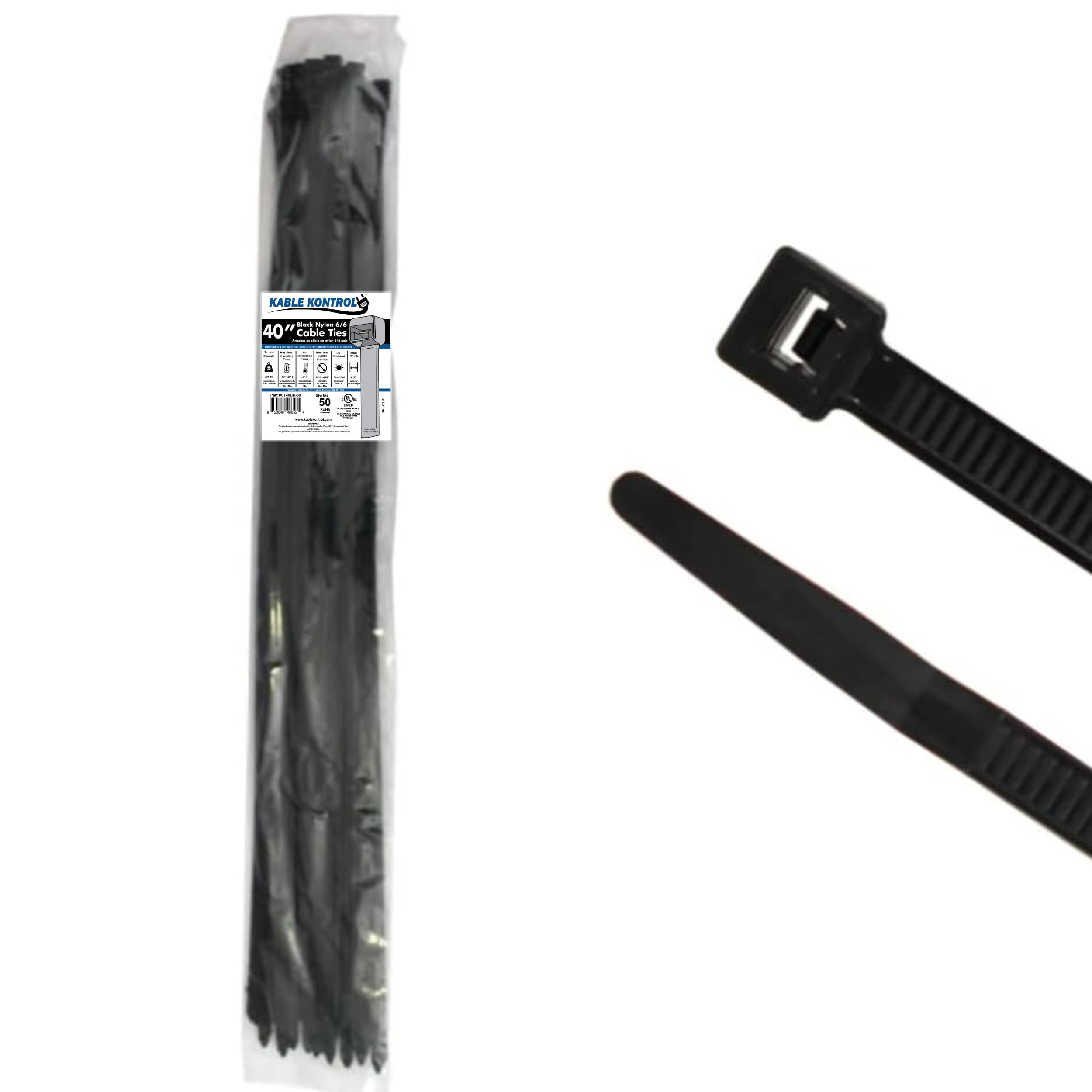 Kable Kontrol Black Cable Ties, 1000 mm x 12.4 mm, Pack of 50, 40" Premium Nylon Zip Ties, Multi-Purpose Plastic Tie Wraps, Secure Self-Locking Mechanism, for Home, Garden, Office and DIY