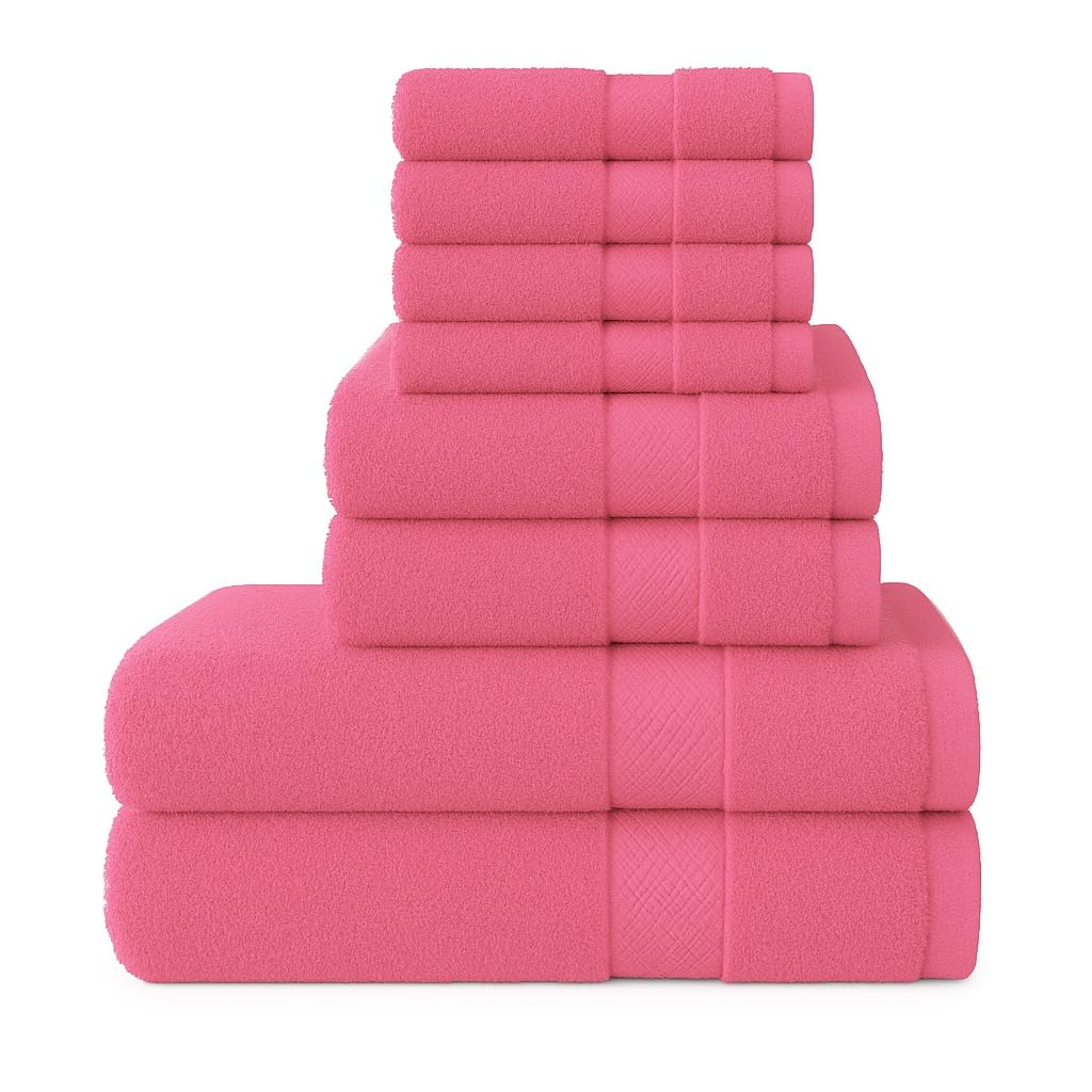Diamond Tex Luxury 8 Pcs Towels Bale Set 100% Egyptian Cotton Face Cloth, Hand Towel, Jumbo Bath Towel 600-GSM Soft and Absorbent Gym, Golf, Spa, Beach Towels (Pink)