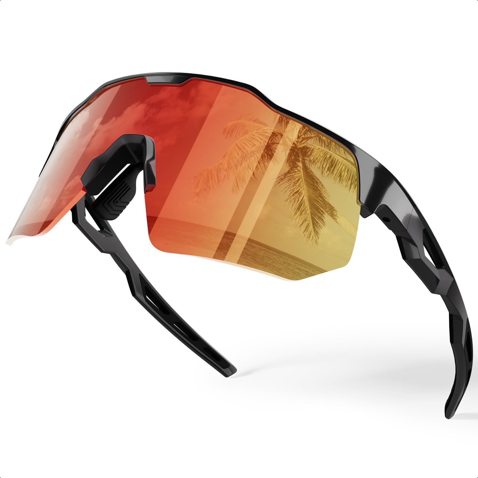 HAAYOT Occhiali da sole sportivi polarizzati per uomo e donna, protezione UV, baseball, ciclismo, corsa, guida, pesca, colore nero e rosso