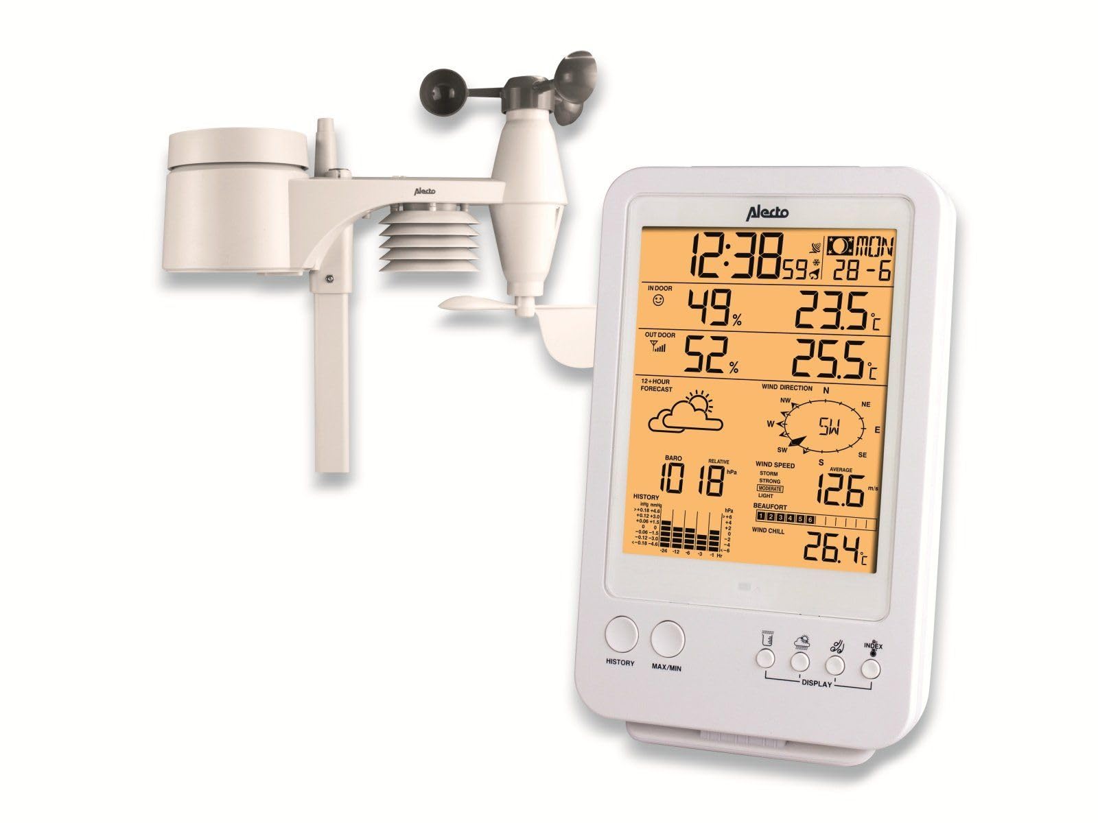 Alecto WS-4800 Wetterstation Funk mit Außensensor - Funkwetterstation - 5-in-1 - großes Display - speichert Messwerte - Funkuhr - Datumsanzeige - Mondphasen - weiß