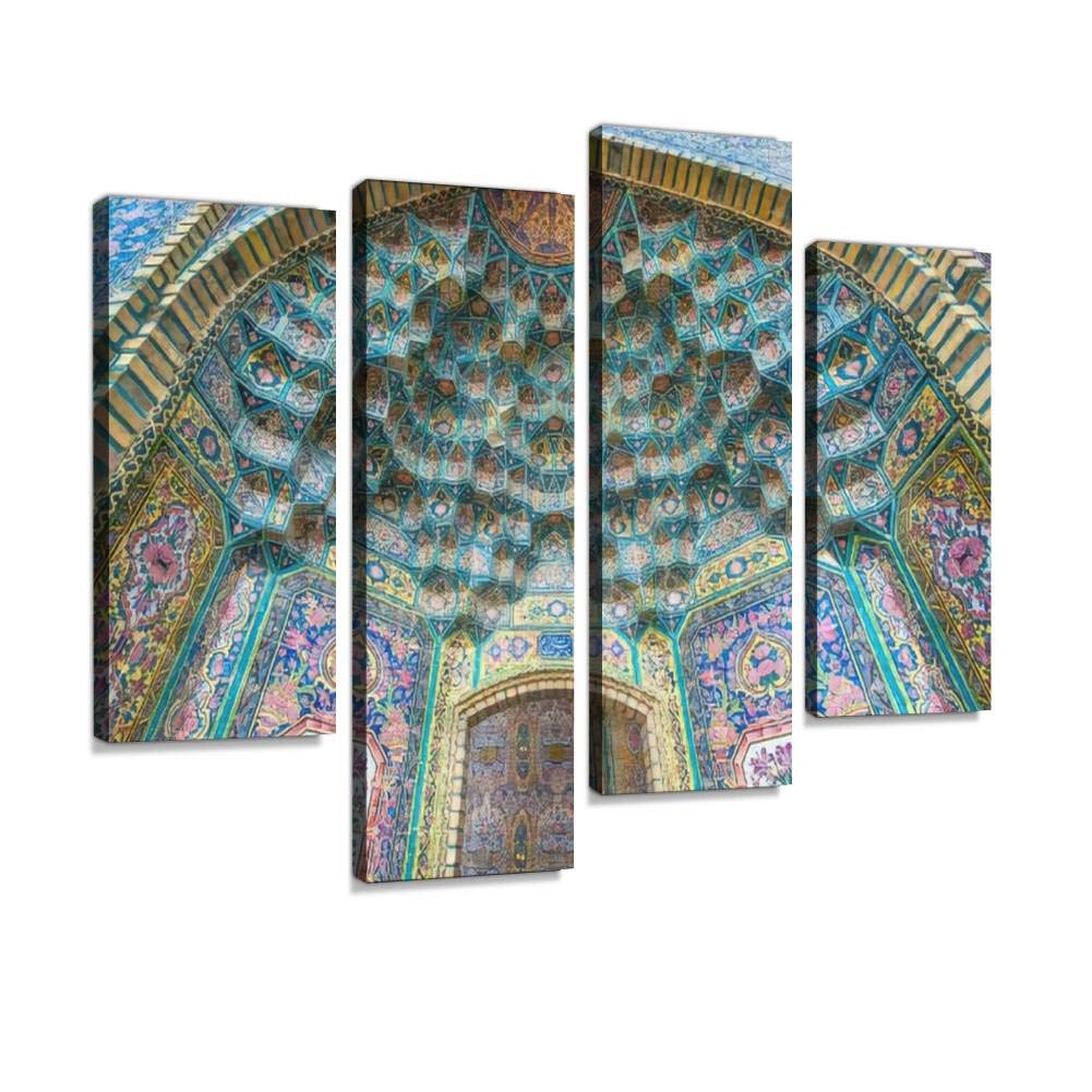 Ceiling tilework decoration of Nasir ol Molk Mosque, Shiraz Canvas Print Artwork Wall Art Pictures Framed Digital Print Abstract Painting Room Home Office Decor Ready to Hang 4 Panel