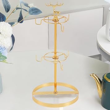 Coffee Mug Tree Holder for Counter,Christmas Elk Double Tier Mug Teacup Metal Holders Countertop,Coffee Tea Cup Tree for Counter Top 6 HooksGold,Deer