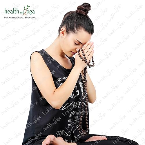 Miniatura 9 de HealthAndYoga™ Cuentas de loto Mala con bolsa de terciopelo (33.9 in de cuerda, 108+1 semillas) – Oración, meditación, equilibrio de chakras
