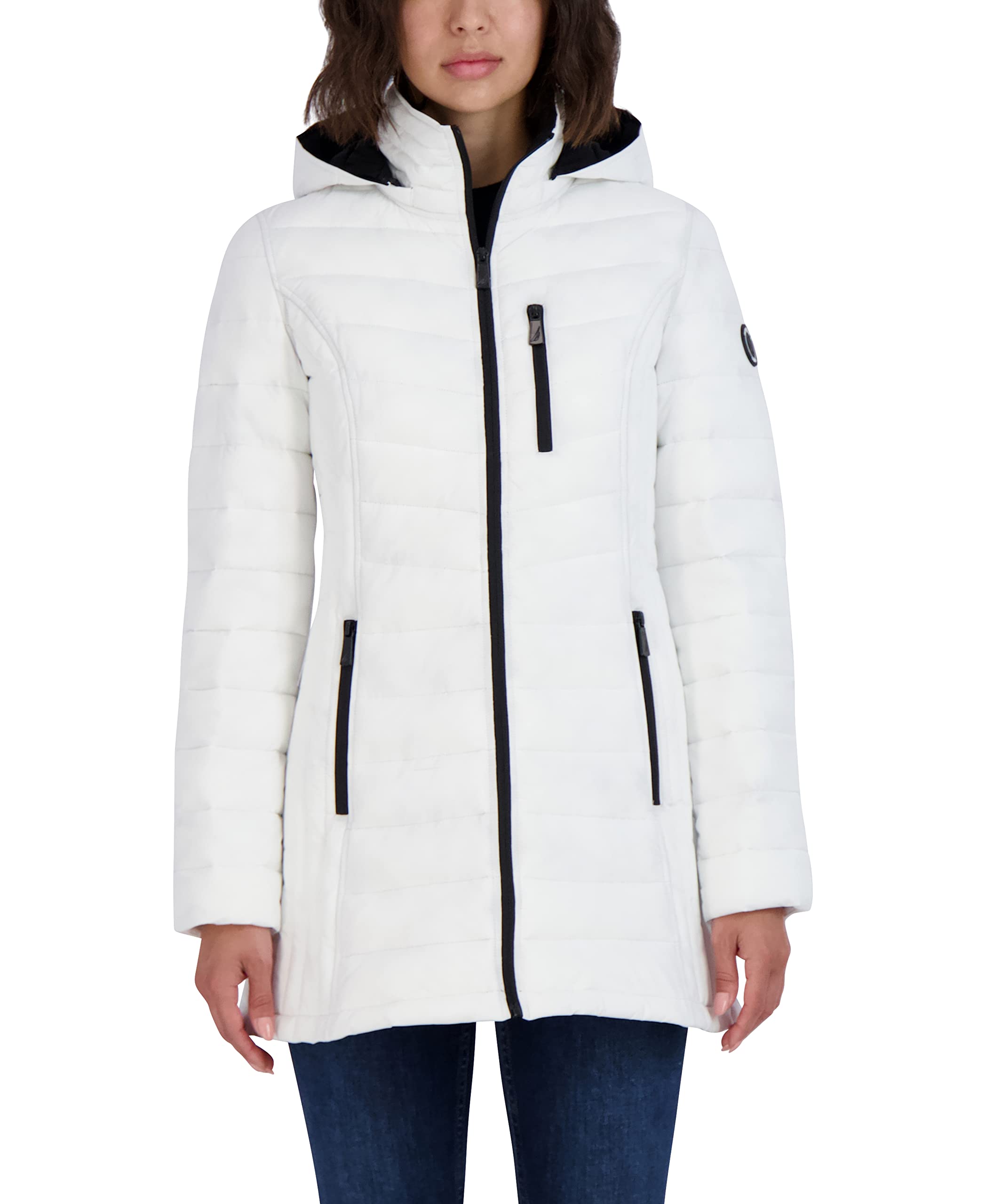 Nautica Women's 3/4 Midweight Stretch Puffer Jacket with Hood Large