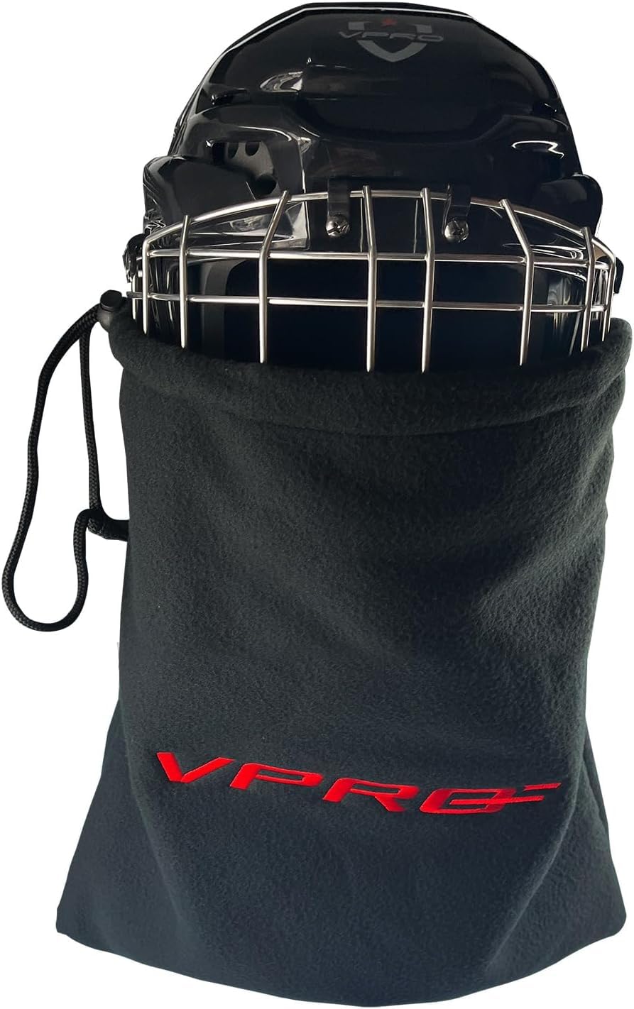 VPRO Borsa per casco da hockey, in pile, nera con ricamo rosso, chiusura con coulisse, 42 cm x 42 cm