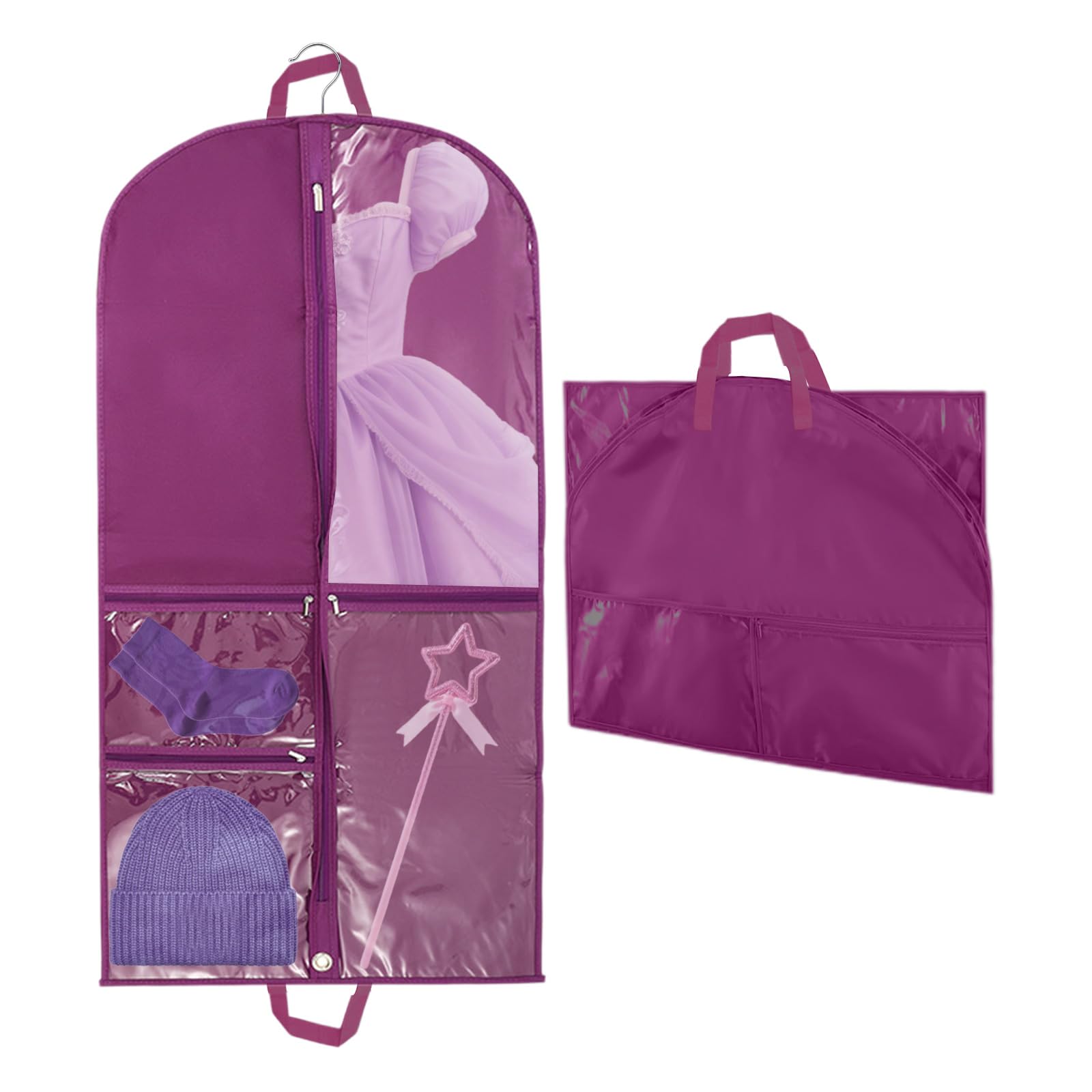 Waterproof Clothes Covers,40 inch Dance Costume Dress Bag Hanging Garment Bags with 3 Zipper Pockets,Foldable Travel Garment Bag with ID Slot for Dancers, Kids, Women (PURPLE)
