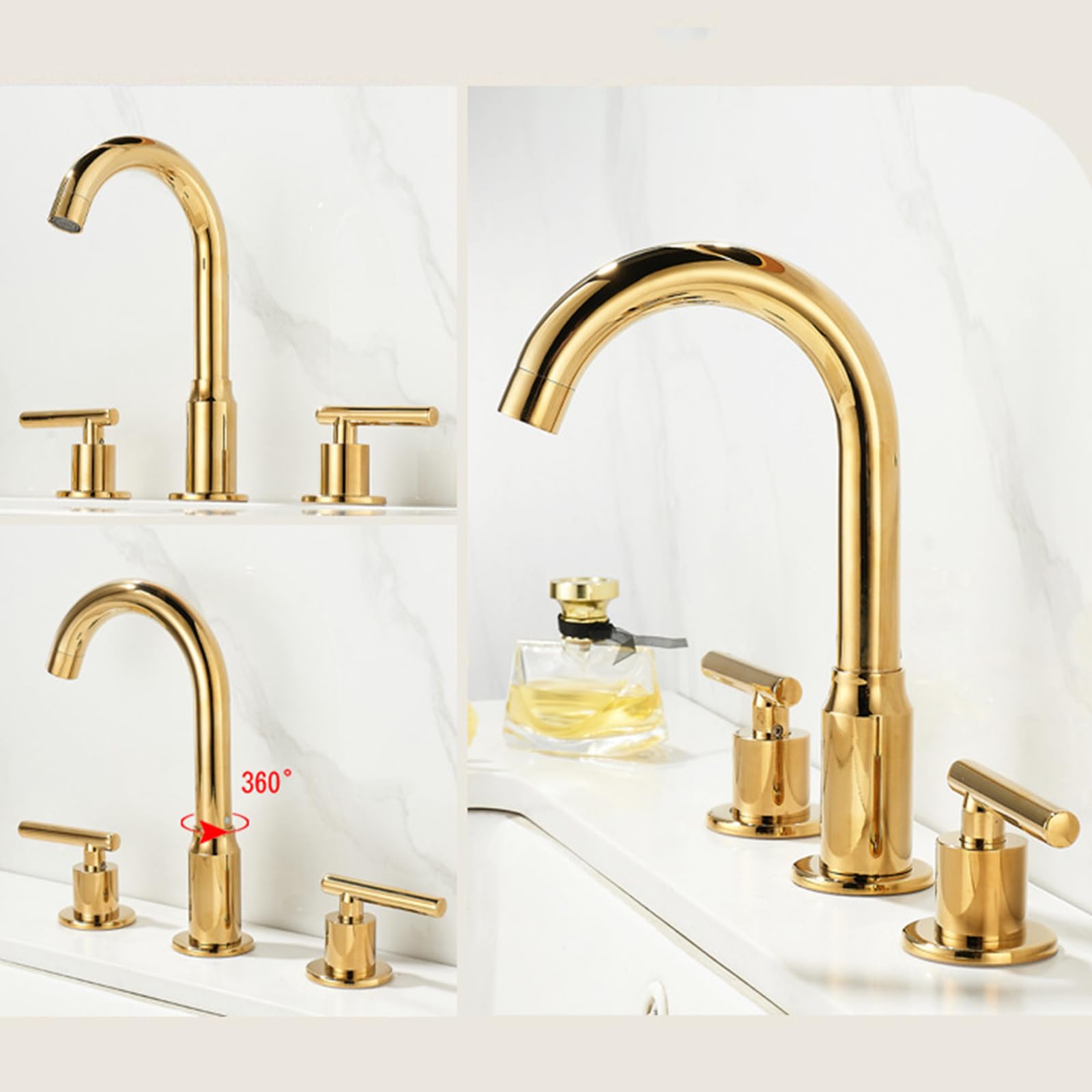 XJTNLB Grifo Lavabo Tres Agujeros Grifo Caño Alto Lavabo Laton Cromado 360° Giratorio Grifos de Baño Dos Mandos Agua Fria y Caliente