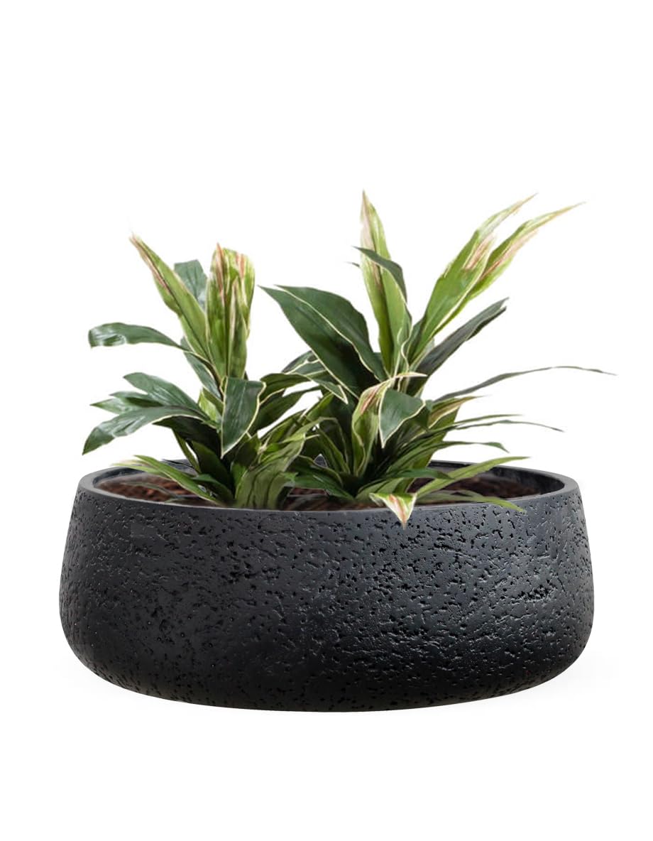 Olly & Rose Ciotola Fioriera in Ceramica Nera Opaca per Decorazione Casa - Vaso per Piante Poco Profondo per Interni ed Esterni - Vaso Decorativo per Fiori e Ciotola da Giardino (40,6 cm)