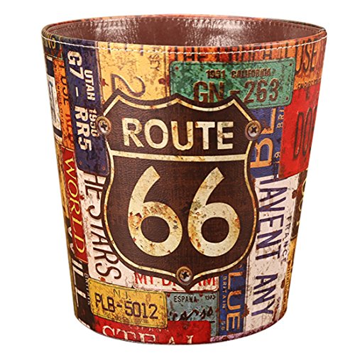 Foxom Cubo de Basura, Impermeable Papelera Oficina Sin Tapa Cubo De Basura para Baño y Cocina, Diseño De Route 66, 25X25X27cm