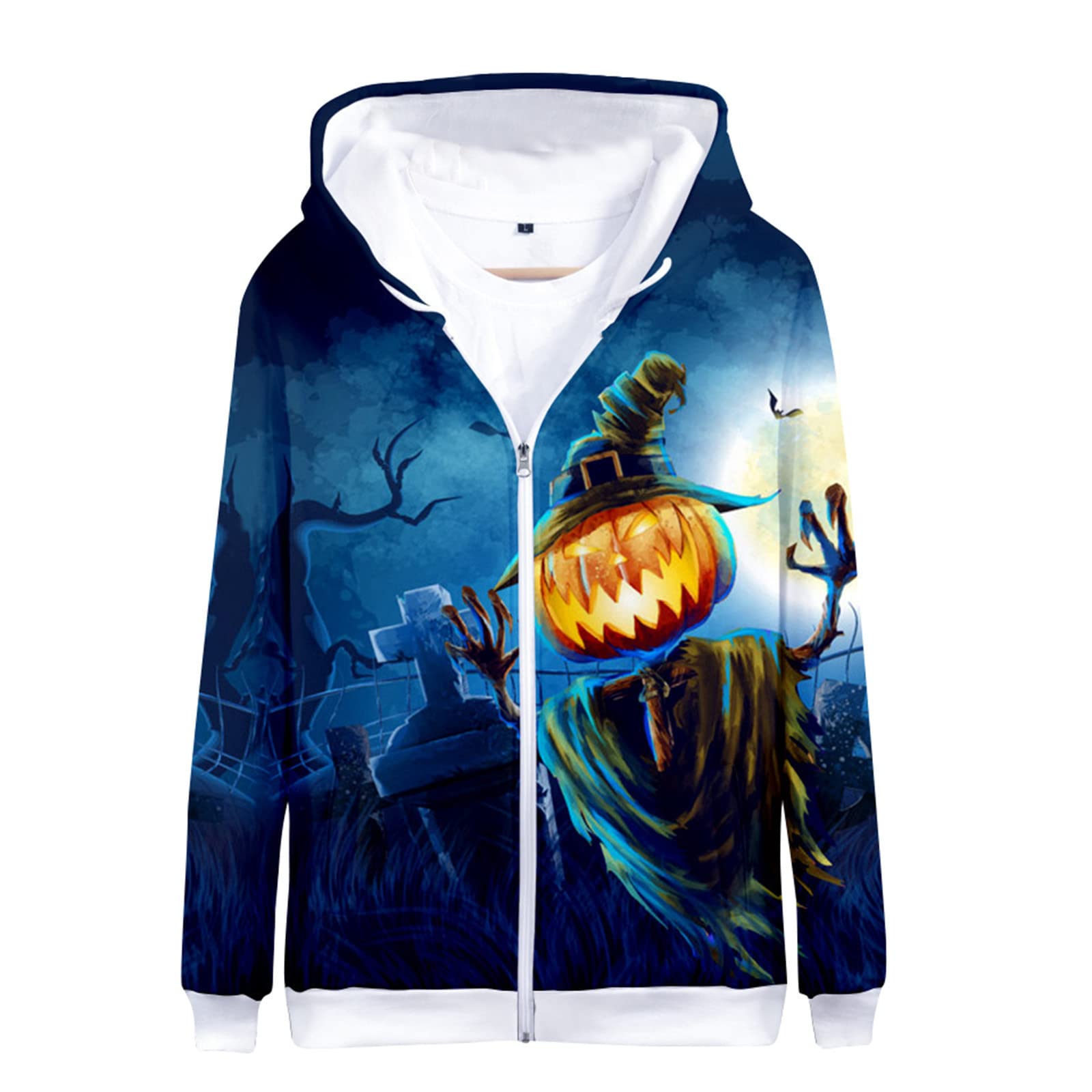 Mens Halloween Sweatshirts Black Pumpkin 3d Print Zip Up Hoodie Pullover Winter Long Sleeve Tracksuit Jacket Skull