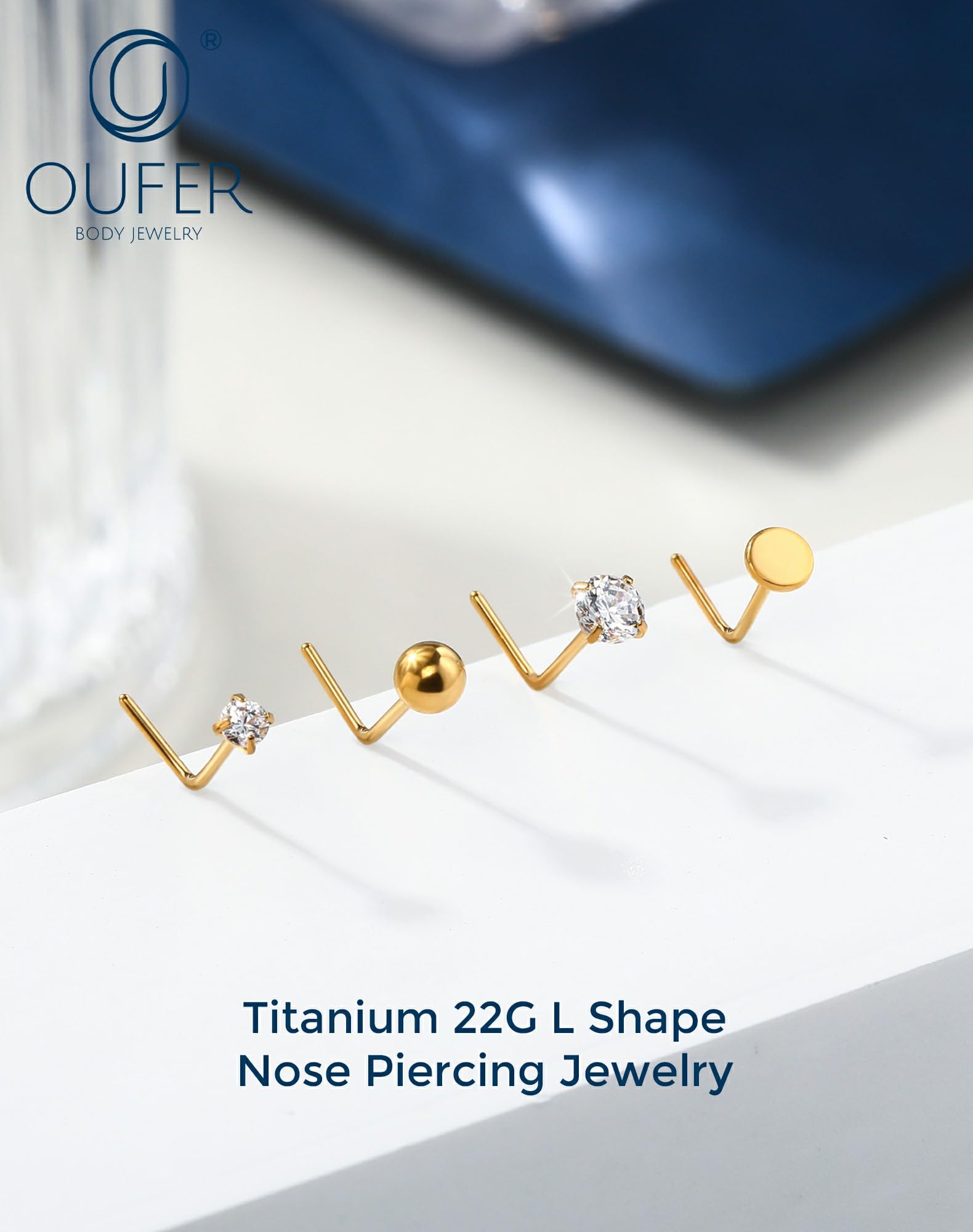OUFER Body Piercing Nose Studs: 5PCS 20G Titanium Nose Bar L Shaped Nose Rings, 6 mm Gold Nostril Piercing Jewelry Cubic Diamond Thin Body Jewellery for Women - 3