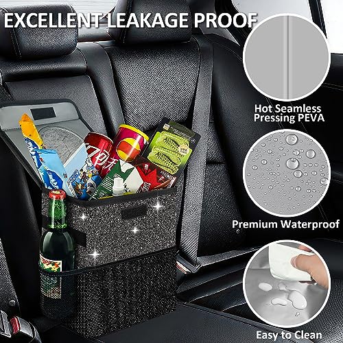 Image of Cute Mini Car Trash Bag with Lid, Glitter Garbage Can Bin Hanging for Back /Front Seat /Console, Waterproof, Leakproof, 2.5 Gallon, Black Bling Sparkly