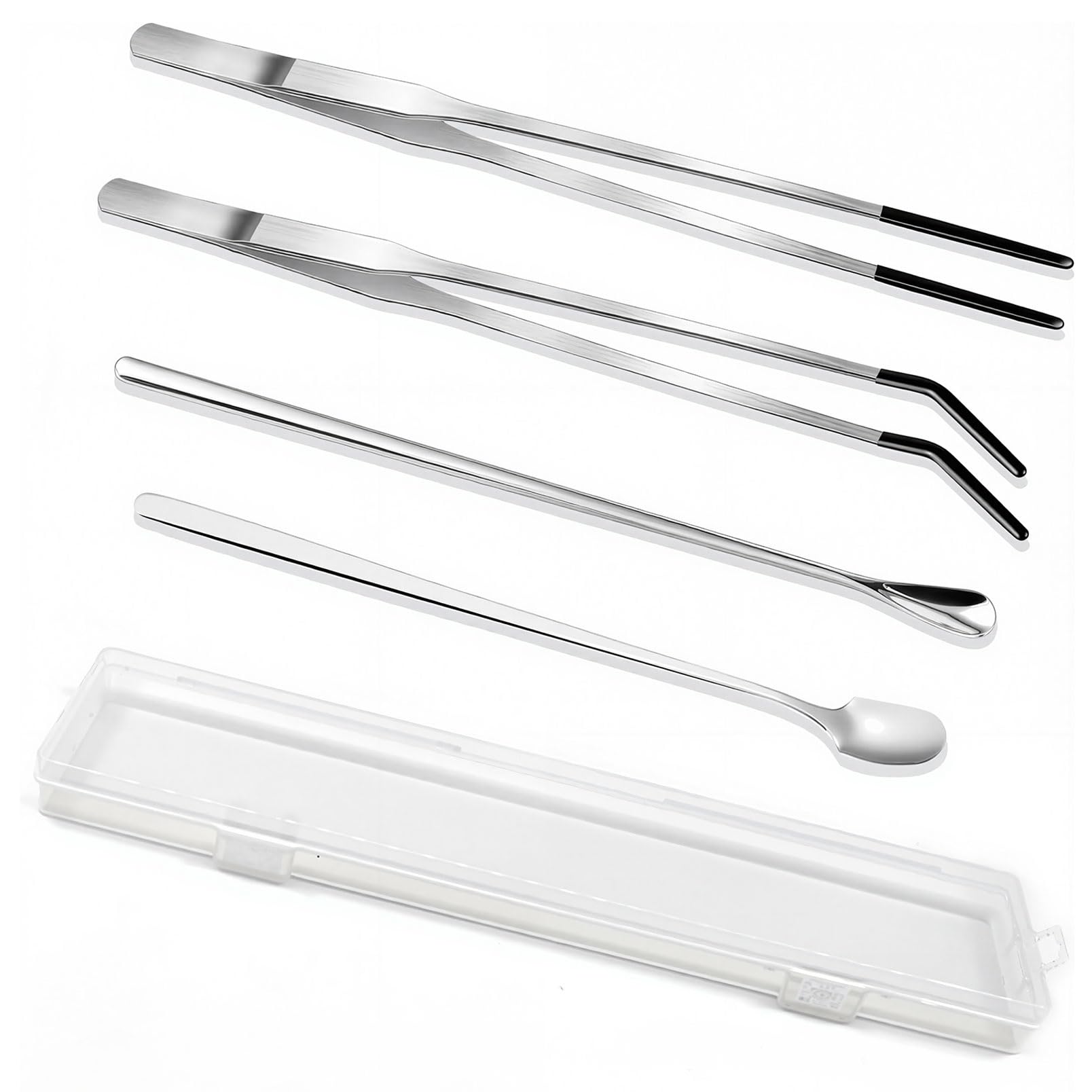 4-Piece Stainless Steel Reptile Feeding Tongs & Spoons Set for Bearded Dragons – Curved/Straight Tweezers, Spoons, Rubber Tips, Aquarium/Terrarium Safe Feeding Tools