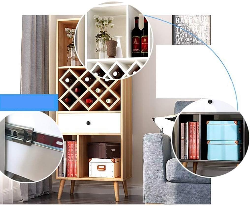 Floor-Standing Wine Cabinet Furniture Solid Wood Drawer Plaid Storage and Decorative 3 Layer Wine Racks Unit Shelf for Livingroom Kitchen C