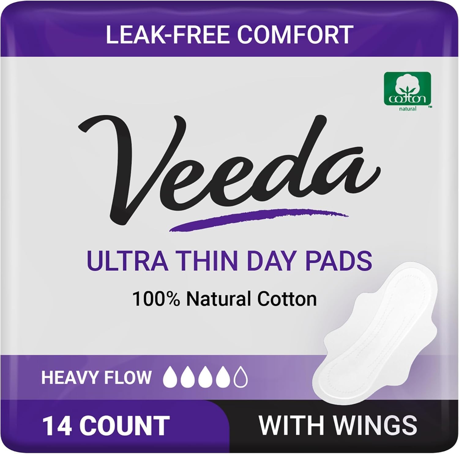 Veeda Ultra-Thin Absorbent Day Pads with 100% Natural Cotton Top Sheet are Always Chlorine and Fragrance Free, Hypoallergenic, Sanitary Napkins, 14 Count