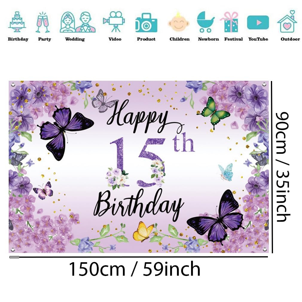 Geburtstagsbanner Zum 15. – Happy Birthday Hintergrund-Deko 115x180 Cm, Schwarz-gold