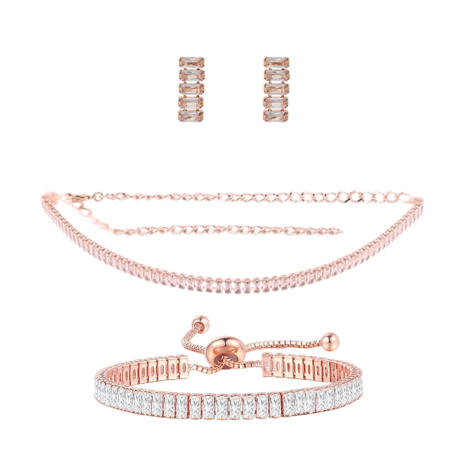 Flaring jewellers Rose gold Cubic Zirconia Pink Baguette Diamond Necklace Earring and Bracelet combo set for Women and Girls (B0CYT58KJV) Amazon Price History, Amazon Price Tracker