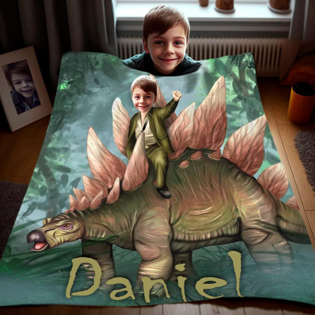 Custom Photo Blanket, Personalized Kids Dinosaur Blanket with Face, Custom Photo Gift for Boys Men, Customize Birthday Gifts for Boyfriend Friend, Green Throw Blanket Minky 30 x 40 for Bed Sofa L90