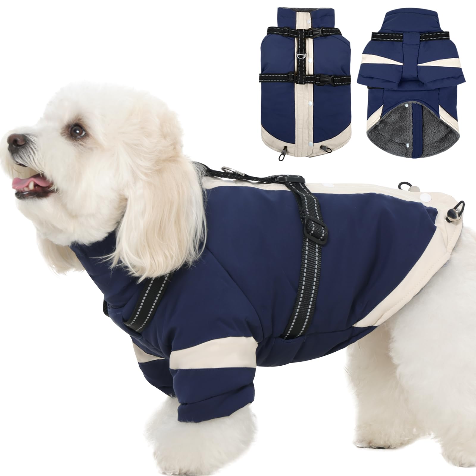 MIGOHI Warm Dog Coat, Waterproof Small Dog Jacket with Harness,XS,NavyBlue