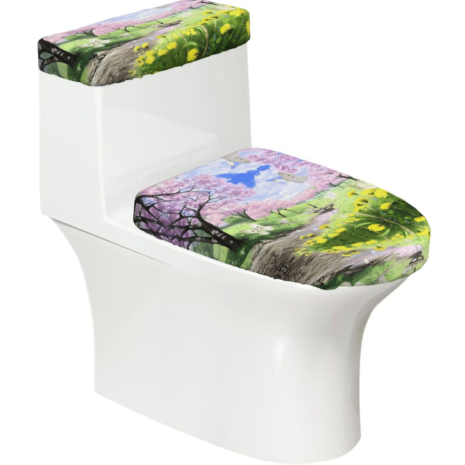 Mrowyc Black Cherry Blossoms Trees Printed Toilet Seat Set - Set Of 2 - Universal Toilet Seat Cover - Housewarming Birthday Christmas Gift