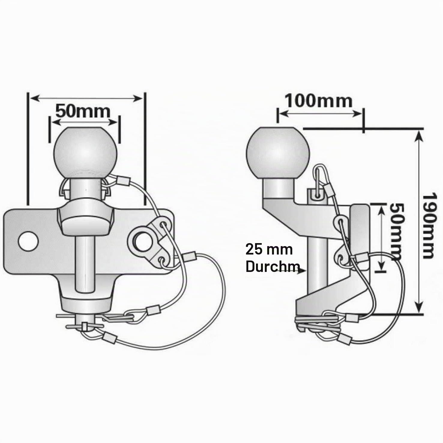 Zugmaul mit Kugelkopf für Anhängerkupplungsbock/Maulkupplung inkl. AHK-Kugel – Doppelte Ausführung Lochbild 90mm