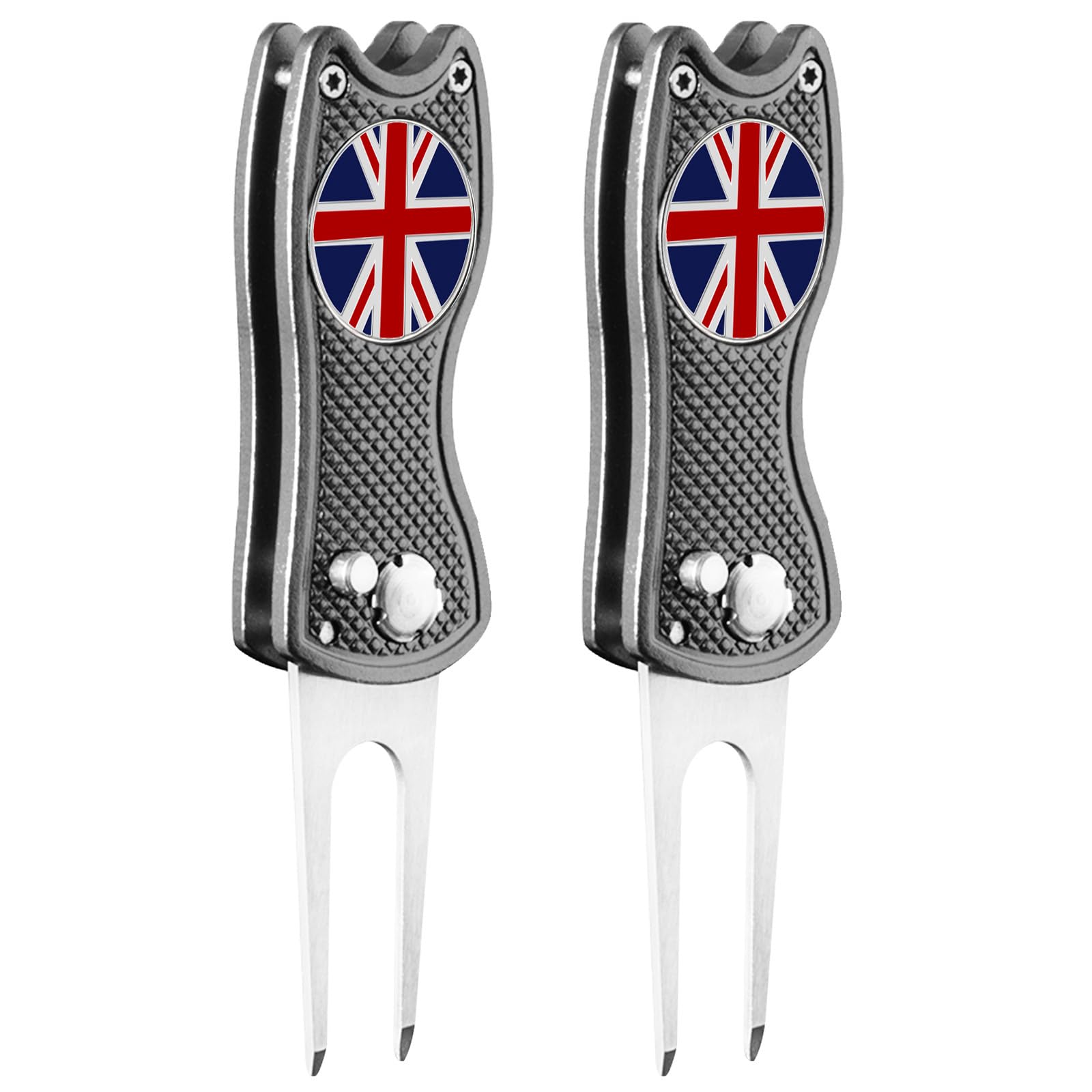 FINGER TEN Golf Divot Repair Tool Switchblade with Ball Marker Value 2 Pack, Stainless Steel Pitchfork with Pop-up Button Magnetic Marker Foldable Portable Gifts (2 Pack in Grey)