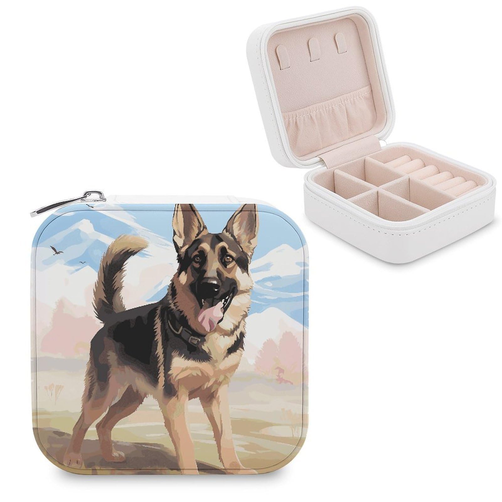 JTREHY Travel German Shepherd Dog Lovers Jewelry Case Portable Display Storage Box PU Leather Mini Jewelry Travel Case Personalized Travel Jewelry Organizer Small Jewelry Box for Women