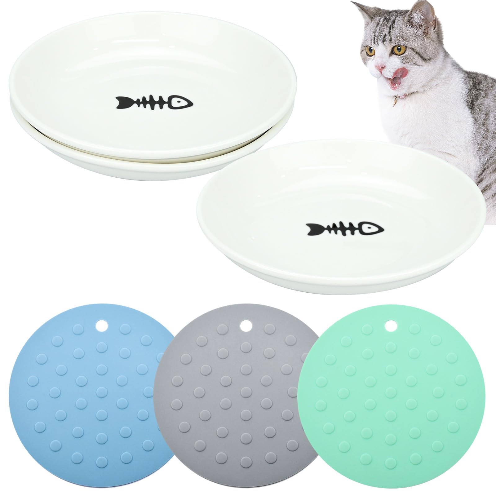 3 Cuencos para Gatos, Comederos para Gatos con Base Antideslizante, Plato de Comida para Gatos de Cerámica, Cuencos para Animales para Comida y Agua, Cuencos Planos para Perros Pequeños y Animales