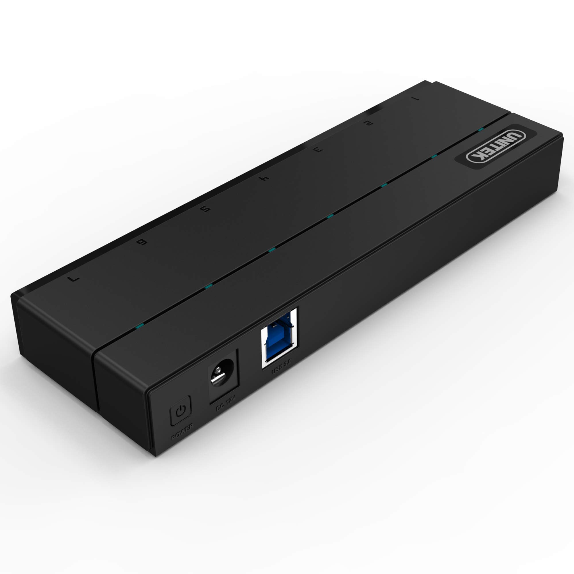 UNITEK Hub 7 porte USB 3.0 attivo con alimentazione, distributore multiplo di hub dati per PC, laptop, tastiera, mouse, stampante, compatibilità iOS (Mac) + Windows, Plug&Play, Nero