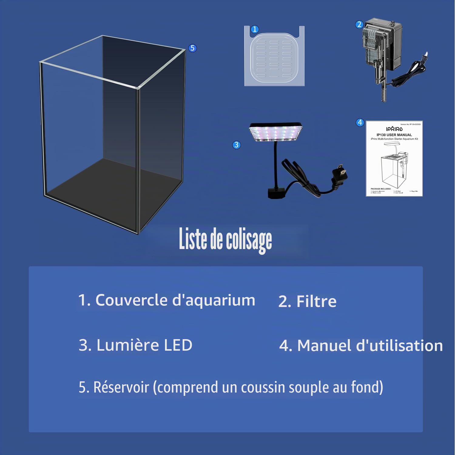 Kit de démarrage en Verre pour Aquarium Betta Petit Aquarium avec lumière LED, Filtre d'alimentation, Noir. Verre de 4 mm