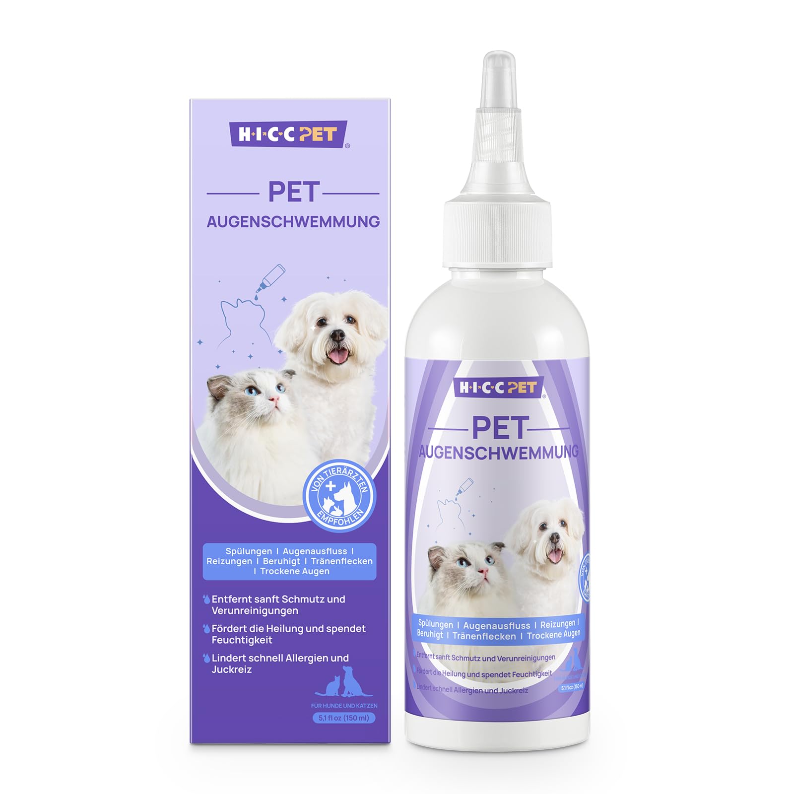 HICC PET Augentropfen für Hunde & Katzen, 150 ml | Sanfte Augenreinigung zur Entfernung von Augensekret, Staub und Reizstoffen, Lindert trockene Augen