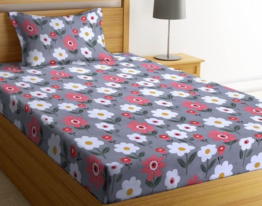 Image of NHD HOME Premium Cotton Printed Single Bedsheet with One Pillow Cover for Coat /Diwan / 4x6 Bed 180 Tc (150x225 cm, Pink & Grey Flower) बेडशीट