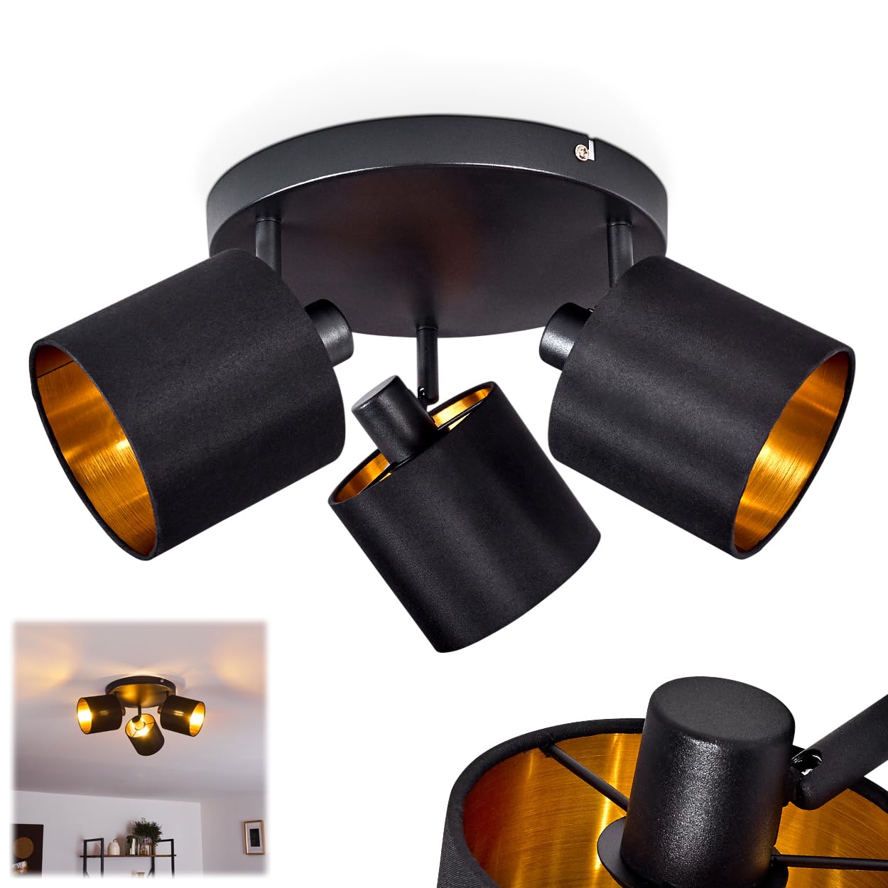 Hofstein Black Ceiling Lamp Alsen, Round Ceiling Lamp Made Of Metal/Fabric In /Gold, 3-Flame, With Adjustable Spotlights, 3 X E14, Spot With Fabric Lampshades In Retro/Vintage Design, Without Bulbs